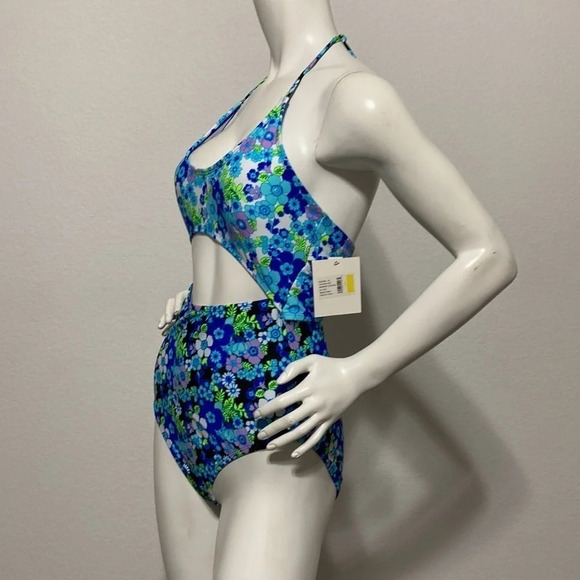 CYN & LUCA NWT Black Blue White Floral Front Cut Out One Piece Swimsuit Size L - Picture 7 of 9
